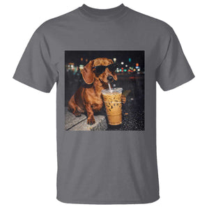 Cool Dachshund Drinking Iced Coffee Graphic T Shirt Funny Wiener Dog Night Vibes Aesthetic TS02 Charcoal Print Your Wear