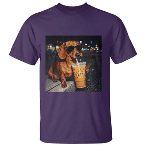 Cool Dachshund Drinking Iced Coffee Graphic T Shirt Funny Wiener Dog Night Vibes Aesthetic TS02 Purple Print Your Wear