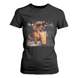 Cool Dachshund Drinking Iced Coffee Graphic T Shirt For Women Funny Wiener Dog Night Vibes Aesthetic TS02 Black Print Your Wear