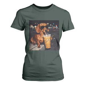 Cool Dachshund Drinking Iced Coffee Graphic T Shirt For Women Funny Wiener Dog Night Vibes Aesthetic TS02 Dark Forest Green Print Your Wear
