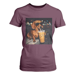Cool Dachshund Drinking Iced Coffee Graphic T Shirt For Women Funny Wiener Dog Night Vibes Aesthetic TS02 Maroon Print Your Wear
