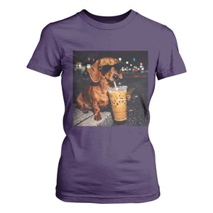 Cool Dachshund Drinking Iced Coffee Graphic T Shirt For Women Funny Wiener Dog Night Vibes Aesthetic TS02 Purple Print Your Wear