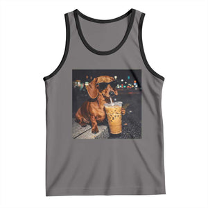 Cool Dachshund Drinking Iced Coffee Graphic Tank Top Funny Wiener Dog Night Vibes Aesthetic TS02 Deep Heather Black Print Your Wear