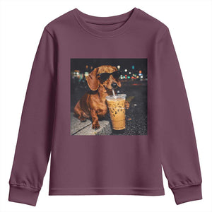 Cool Dachshund Drinking Iced Coffee Graphic Youth Sweatshirt Funny Wiener Dog Night Vibes Aesthetic TS02 Maroon Print Your Wear