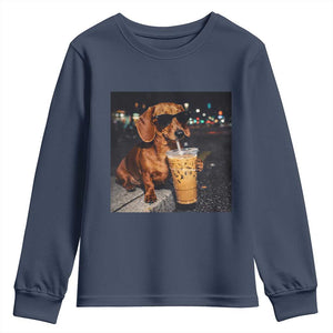 Cool Dachshund Drinking Iced Coffee Graphic Youth Sweatshirt Funny Wiener Dog Night Vibes Aesthetic TS02 Navy Print Your Wear