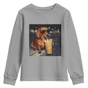 Cool Dachshund Drinking Iced Coffee Graphic Youth Sweatshirt Funny Wiener Dog Night Vibes Aesthetic TS02 Sport Gray Print Your Wear
