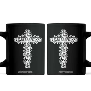 Blessed Floral Cross Christian Graphic Coffee Mug Faith Inspired Minimalist Scripture TS02 Black Print Your Wear