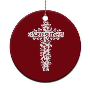 Blessed Floral Cross Christian Graphic Ceramic Ornament Faith Inspired Minimalist Scripture