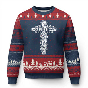 Blessed Floral Cross Christian Graphic Ugly Christmas Sweater Faith Inspired Minimalist Scripture TS02 Navy Red Print Your Wear