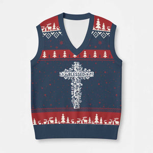 Blessed Floral Cross Christian Graphic V-Neck Knit Sweater Vest Faith Inspired Minimalist Scripture TS02 Navy Red Print Your Wear