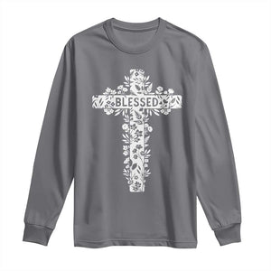 Blessed Floral Cross Christian Graphic Long Sleeve Shirt Faith Inspired Minimalist Scripture