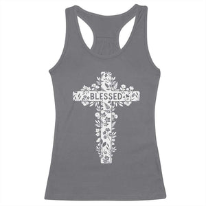 Blessed Floral Cross Christian Graphic Racerback Tank Top Faith Inspired Minimalist Scripture