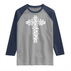 Blessed Floral Cross Christian Graphic Raglan Shirt Faith Inspired Minimalist Scripture TS02 Sport Gray Navy Print Your Wear