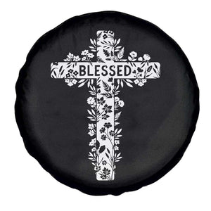 Blessed Floral Cross Christian Graphic Spare Tire Cover Faith Inspired Minimalist Scripture TS02 Print Your Wear