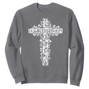 Blessed Floral Cross Christian Graphic Sweatshirt Faith Inspired Minimalist Scripture