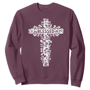 Blessed Floral Cross Christian Graphic Sweatshirt Faith Inspired Minimalist Scripture