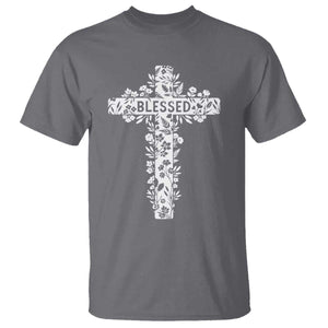 Blessed Floral Cross Christian Graphic T Shirt Faith Inspired Minimalist Scripture TS02 Charcoal Print Your Wear