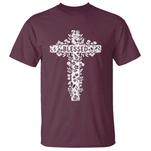 Blessed Floral Cross Christian Graphic T Shirt Faith Inspired Minimalist Scripture
