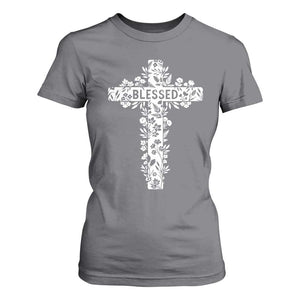 Blessed Floral Cross Christian Graphic T Shirt For Women Faith Inspired Minimalist Scripture TS02 Charcoal Print Your Wear