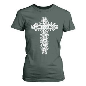Blessed Floral Cross Christian Graphic T Shirt For Women Faith Inspired Minimalist Scripture TS02 Dark Forest Green Print Your Wear