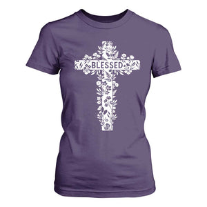 Blessed Floral Cross Christian Graphic T Shirt For Women Faith Inspired Minimalist Scripture TS02 Purple Print Your Wear