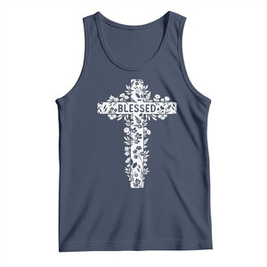 Blessed Floral Cross Christian Graphic Tank Top Faith Inspired Minimalist Scripture TS02 Navy Print Your Wear