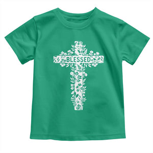 Blessed Floral Cross Christian Graphic Toddler T Shirt Faith Inspired Minimalist Scripture TS02 Irish Green Print Your Wear
