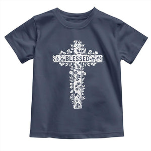 Blessed Floral Cross Christian Graphic Toddler T Shirt Faith Inspired Minimalist Scripture TS02 Navy Print Your Wear