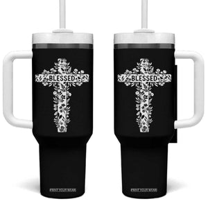 Blessed Floral Cross Christian Graphic Tumbler With Handle Faith Inspired Minimalist Scripture TS02 One Size: 40 oz Black Print Your Wear