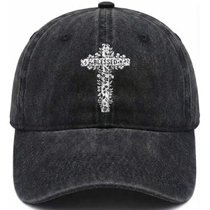 Blessed Floral Cross Christian Graphic Washed Cotton Baseball Cap Faith Inspired Minimalist Scripture TS02 Washed Cap Universal Fit Black Print Your Wear