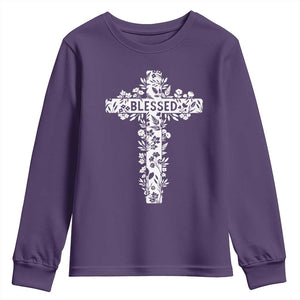 Blessed Floral Cross Christian Graphic Youth Sweatshirt Faith Inspired Minimalist Scripture TS02 Purple Print Your Wear