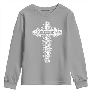 Blessed Floral Cross Christian Graphic Youth Sweatshirt Faith Inspired Minimalist Scripture TS02 Sport Gray Print Your Wear
