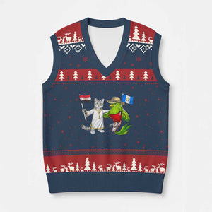 Egypt and Guatemala Friendship Heritage Pride V-Neck Knit Sweater Vest Cute Cat and Quetzal Holding Flag TS02 Navy Red Print Your Wear