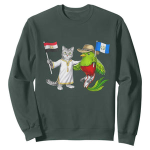Egypt and Guatemala Friendship Heritage Pride Sweatshirt Cute Cat and Quetzal Holding Flag TS02 Dark Forest Green Print Your Wear