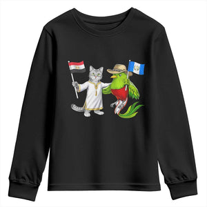 Egypt and Guatemala Friendship Heritage Pride Youth Sweatshirt Cute Cat and Quetzal Holding Flag TS02 Black Print Your Wear