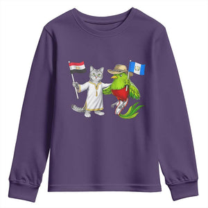 Egypt and Guatemala Friendship Heritage Pride Youth Sweatshirt Cute Cat and Quetzal Holding Flag TS02 Purple Print Your Wear