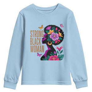 Strong Black Woman Floral Afro Youth Sweatshirt Empowering Black Queen Pride Celebrating Melanin and Strength TS02 Light Blue Print Your Wear