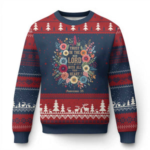Trust in the Lord Proverbs 3:5 Floral Christian Ugly Christmas Sweater Inspirational Bible Verse TS02 Navy Red Print Your Wear