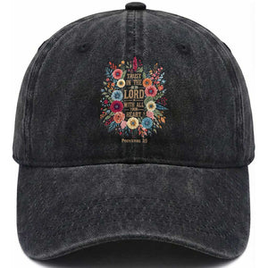 Trust in the Lord Proverbs 3:5 Floral Christian Washed Cotton Baseball Cap Inspirational Bible Verse TS02 Washed Cap Universal Fit Black Print Your Wear