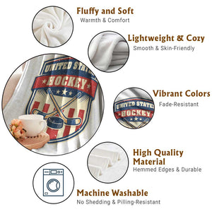 Hockey Crossed Sticks And Puck Retro USA Shield Flag Throw Blanket Red White Blue Striped Patriotic Sports Fan Pride Graphic TS02 Print Your Wear