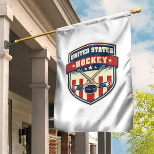 Hockey Crossed Sticks And Puck Retro USA Shield Flag Garden Flag Red White Blue Striped Patriotic Sports Fan Pride Graphic TS02 Print Your Wear