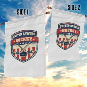Hockey Crossed Sticks And Puck Retro USA Shield Flag Garden Flag Red White Blue Striped Patriotic Sports Fan Pride Graphic TS02 Print Your Wear