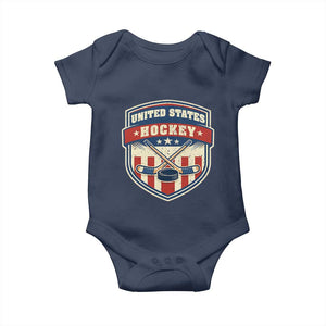 Hockey Crossed Sticks And Puck Retro USA Shield Flag Baby Onesie Red White Blue Striped Patriotic Sports Fan Pride Graphic TS02 Navy Print Your Wear