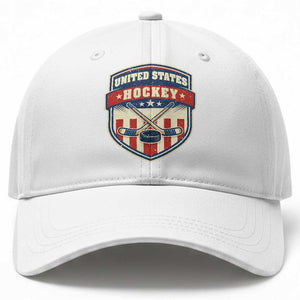 Hockey Crossed Sticks And Puck Retro USA Shield Flag Baseball Cap Red White Blue Striped Patriotic Sports Fan Pride Graphic TS02 Print Your Wear