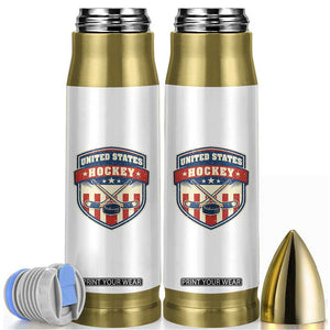 Hockey Crossed Sticks And Puck Retro USA Shield Flag Bullet Tumbler Red White Blue Striped Patriotic Sports Fan Pride Graphic TS02 White Print Your Wear
