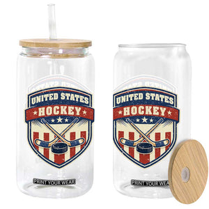 Hockey Crossed Sticks And Puck Retro USA Shield Flag Glass Can Red White Blue Striped Patriotic Sports Fan Pride Graphic TS02 Print Your Wear