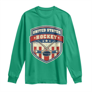 Hockey Crossed Sticks And Puck Retro USA Shield Flag Long Sleeve Shirt Red White Blue Striped Patriotic Sports Fan Pride Graphic TS02 Irish Green Print Your Wear