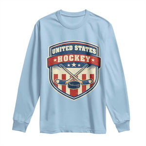Hockey Crossed Sticks And Puck Retro USA Shield Flag Long Sleeve Shirt Red White Blue Striped Patriotic Sports Fan Pride Graphic TS02 Light Blue Print Your Wear