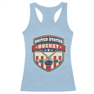 Hockey Crossed Sticks And Puck Retro USA Shield Flag Racerback Tank Top Red White Blue Striped Patriotic Sports Fan Pride Graphic TS02 Light Blue Print Your Wear