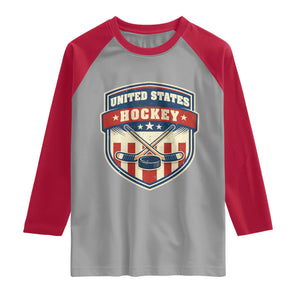 Hockey Crossed Sticks And Puck Retro USA Shield Flag Raglan Shirt Red White Blue Striped Patriotic Sports Fan Pride Graphic TS02 Sport Gray Red Print Your Wear